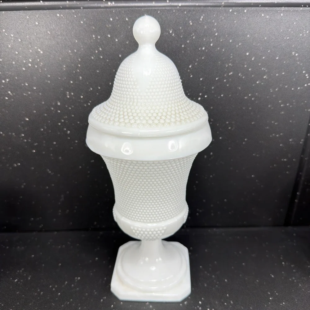 LE Smith White Milk Glass Hobnail Apothecary Jar Urn with Lid 10.5inch Vintage